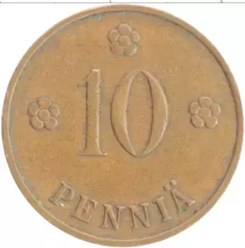 Монета 10 пенни Финляндии 1938 года Медь
