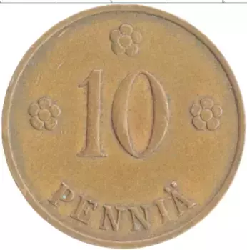 Монета 10 пенни Финляндии 1938 года Медь