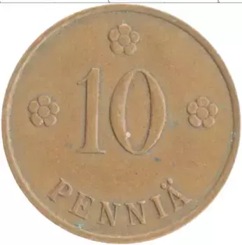 Монета 10 пенни Финляндии 1938 года Медь