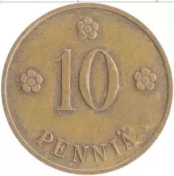 Монета 10 пенни Финляндии 1938 года Медь