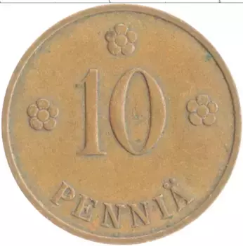Монета 10 пенни Финляндии 1938 года Медь