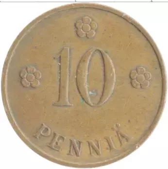 Монета 10 пенни Финляндии 1938 года Медь