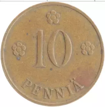 Монета 10 пенни Финляндии 1938 года Медь
