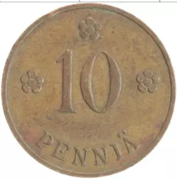 Монета 10 пенни Финляндии 1938 года Медь