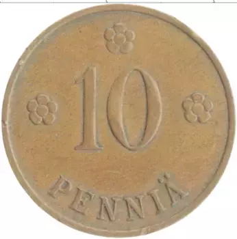 Монета 10 пенни Финляндии 1938 года Медь