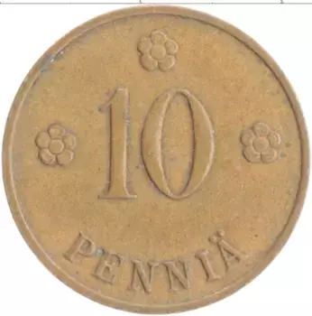 Монета 10 пенни Финляндии 1938 года Медь