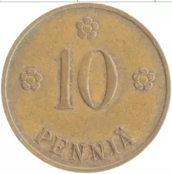 Монета 10 пенни Финляндии 1938 года Медь