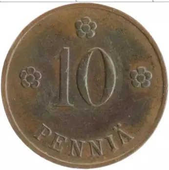 Монета 10 пенни Финляндии 1938 года Медь