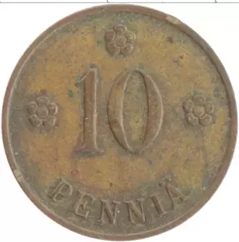 Монета 10 пенни Финляндии 1939 года Медь
