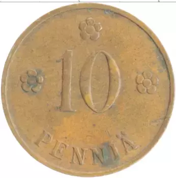 Монета 10 пенни Финляндии 1939 года Медь