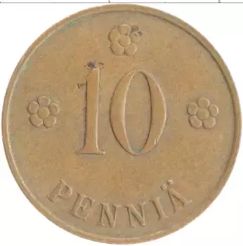 Монета 10 пенни Финляндии 1939 года Медь
