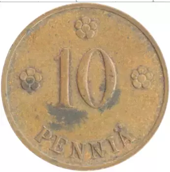 Монета 10 пенни Финляндии 1939 года Медь