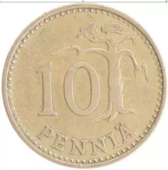 Монета 10 пенни Финляндии 1963 года Бронза