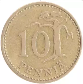 Монета 10 пенни Финляндии 1963 года Бронза