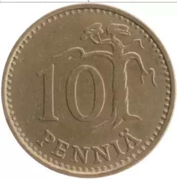 Монета 10 пенни Финляндии 1964 года Бронза