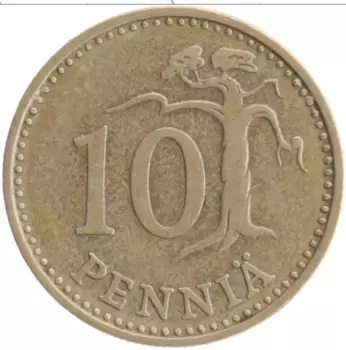Монета 10 пенни Финляндии 1965 года Бронза