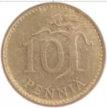 Монета 10 пенни Финляндии 1966 года Латунь