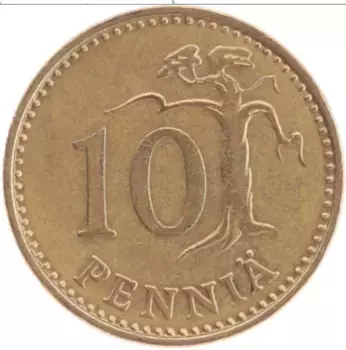 Монета 10 пенни Финляндии 1972 года Латунь