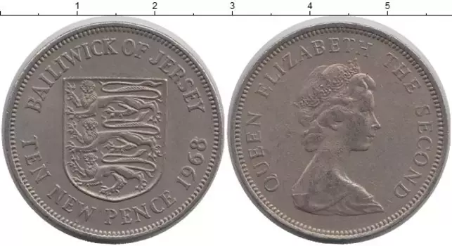 Монета 10 пенсов Острова Джерси 1968 года Медно-никель Герб,львы
