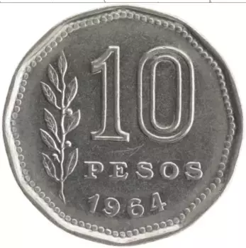 Монета 10 песо Аргентины 1964 года Медно-никель