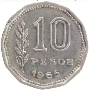 Монета 10 песо Аргентины 1965 года Медно-никель