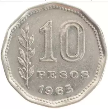 Монета 10 песо Аргентины 1965 года Медно-никель