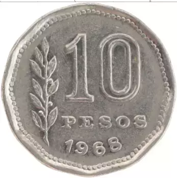 Монета 10 песо Аргентины 1968 года Медно-никель