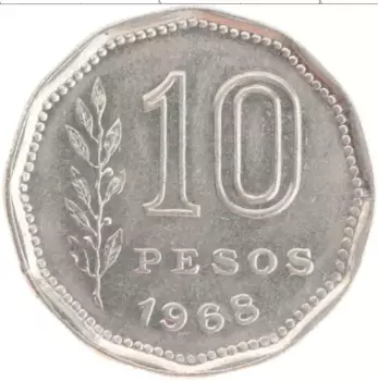 Монета 10 песо Аргентины 1968 года Медно-никель