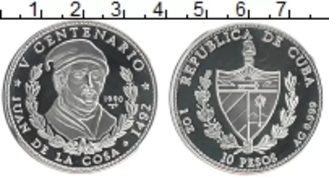 Монета 10 песо Кубы 1990 года Серебро Хуан де ла Коса