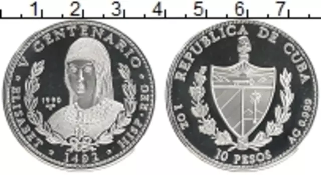 Монета 10 песо Кубы 1990 года Серебро Элизабет