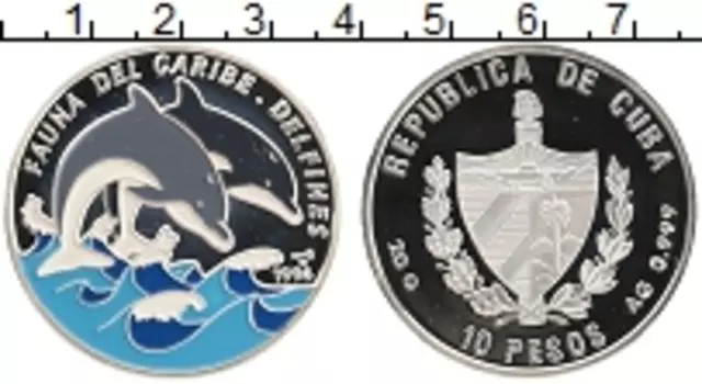 Монета 10 песо Кубы 1994 года Серебро Дельфины