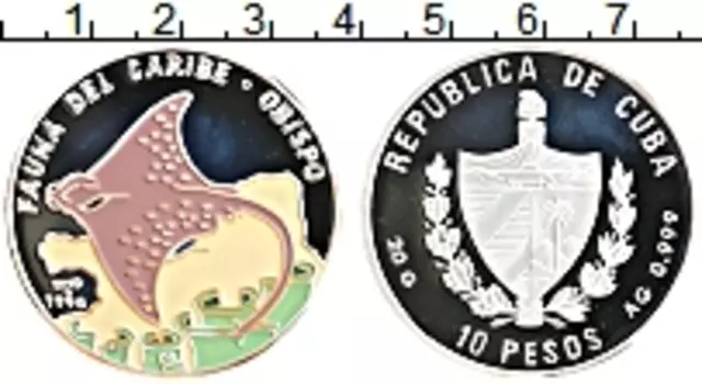 Монета 10 песо Кубы 1994 года Серебро Фауна Карибского бассейна