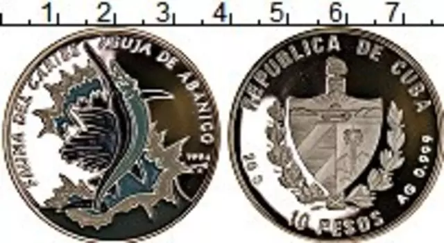 Монета 10 песо Кубы 1994 года Серебро Рыба-мечь