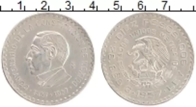 Монета 10 песо Мексики 1957 года Серебро 100 лет конституции