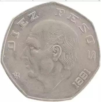 Монета 10 песо Мексики 1981 года Медно-никель