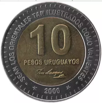Монета 10 песо Уругвая 2000 года Биметалл Артигас