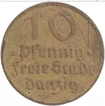 Монета 10 пфеннигов Данцига 1932 года Латунь Треска