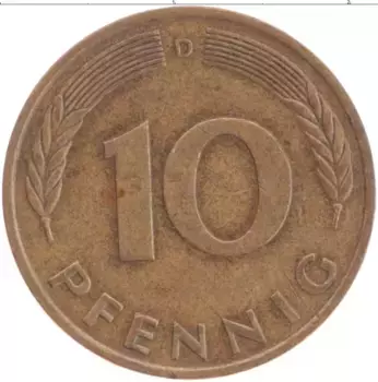 Монета 10 пфеннигов ФРГ 1977 года Латунь D