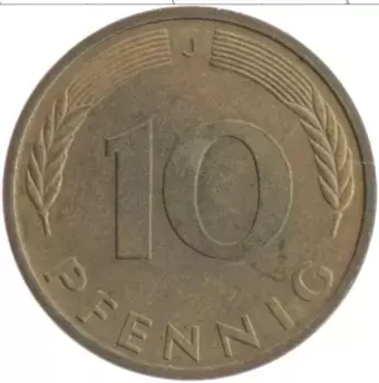 Монета 10 пфеннигов ФРГ 1992 года Латунь J