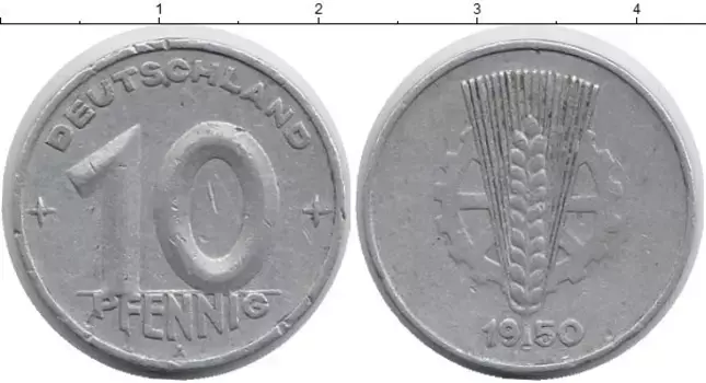 Монета 10 пфеннигов ГДР 1950 года Алюминий А