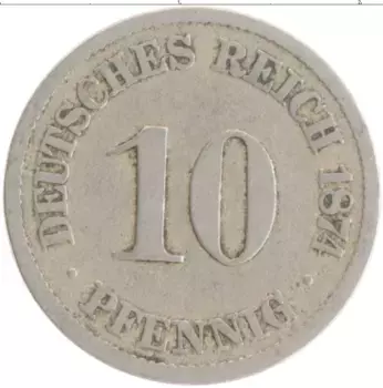 Монета 10 пфеннигов Германии 1874 года Медно-никель