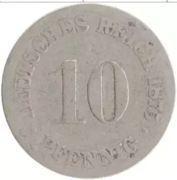 Монета 10 пфеннигов Германии 1875 года Медно-никель