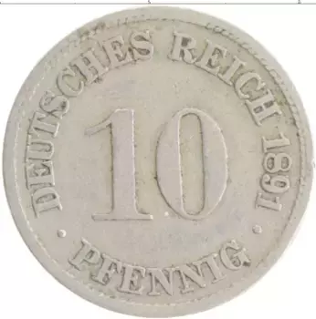 Монета 10 пфеннигов Германии 1891 года Медно-никель D