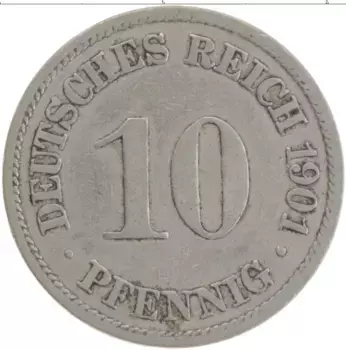 Монета 10 пфеннигов Германии 1901 года Медно-никель А