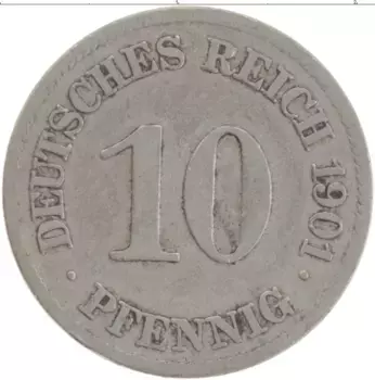 Монета 10 пфеннигов Германии 1901 года Медно-никель E
