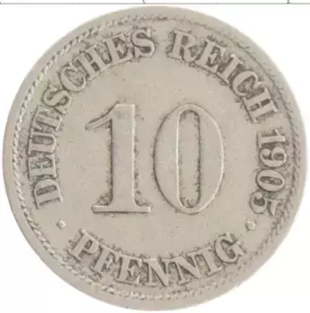 Монета 10 пфеннигов Германии 1905 года Медно-никель A