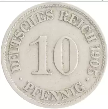 Монета 10 пфеннигов Германии 1905 года Медно-никель A