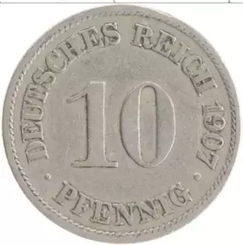 Монета 10 пфеннигов Германии 1907 года Медно-никель А