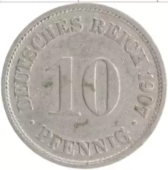 Монета 10 пфеннигов Германии 1907 года Медно-никель А