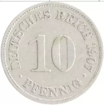 Монета 10 пфеннигов Германии 1907 года Медно-никель A